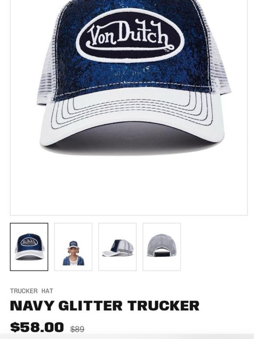 NWT Von Dutch Navy Glitter Trucker Hat with White Mesh and White Brim